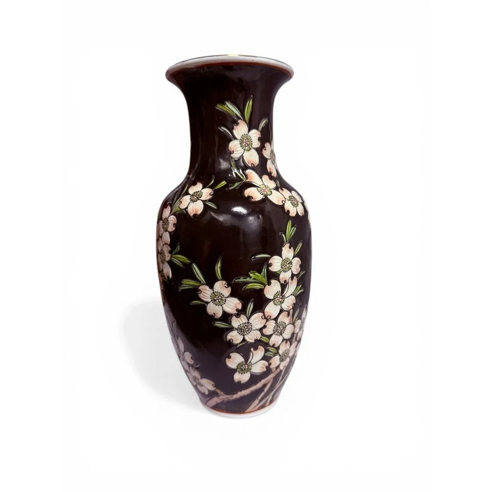 Vintage Japanese Vase Chinoiserie Cherry Blossom Dogwood Flower 8